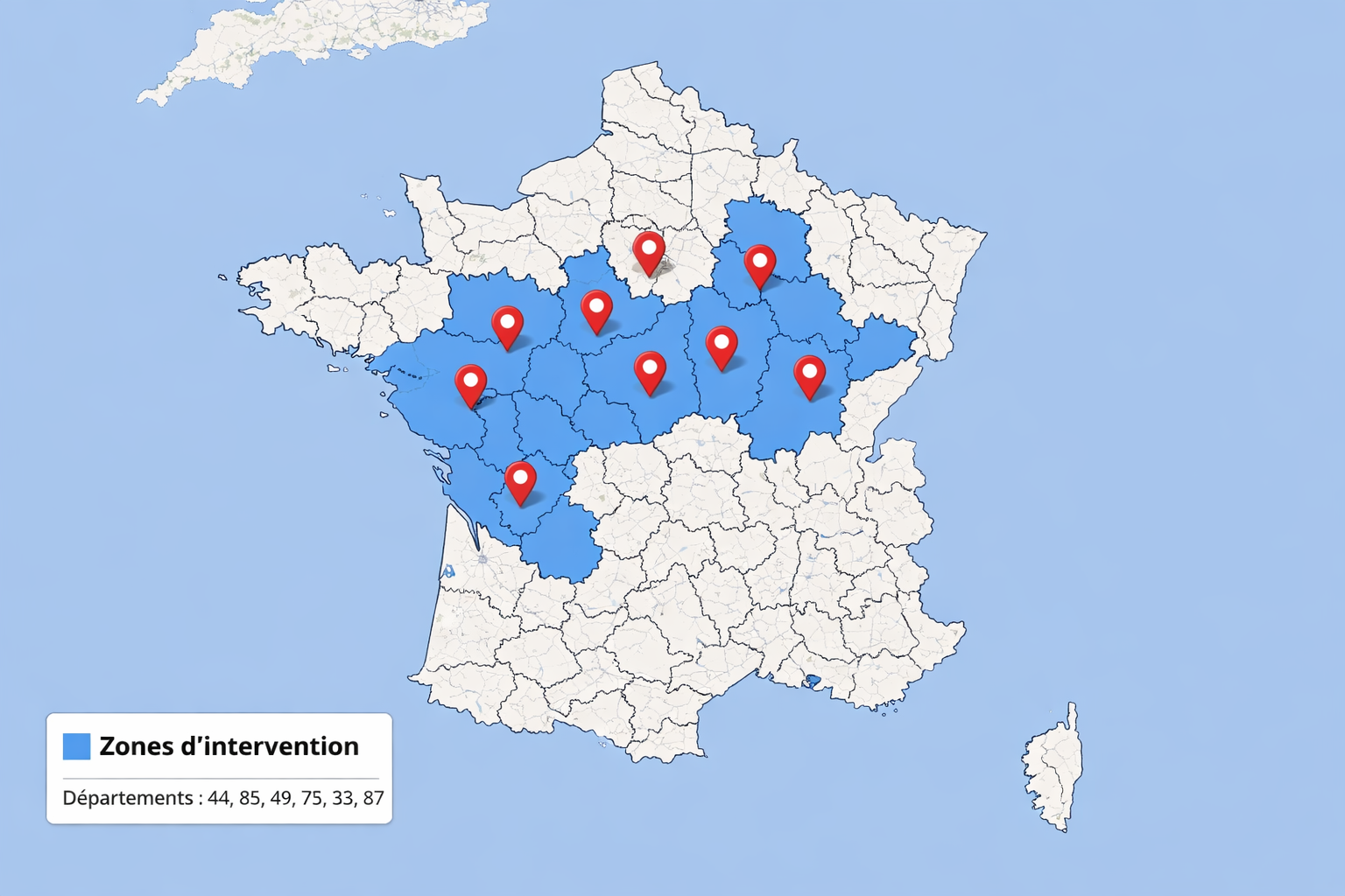 Carte de France avec zones d'intervention